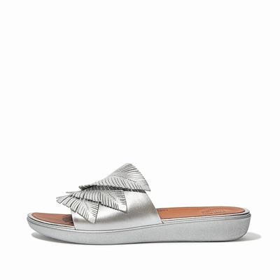 Fitflop Sola Feather Metallic Leather Slides - Sandalen Damen - Silber (HMO805924)